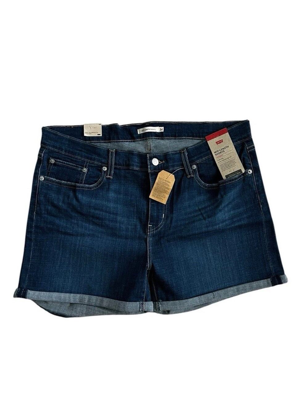 New Levi's Women's Mid-Length Shorts Dark Wash Stretch Denim Blue Jean Short 34